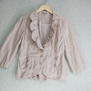 Cabi Jacket Womens 10 Pink Ruffle Collar Button Front Lined Lightweight Chic